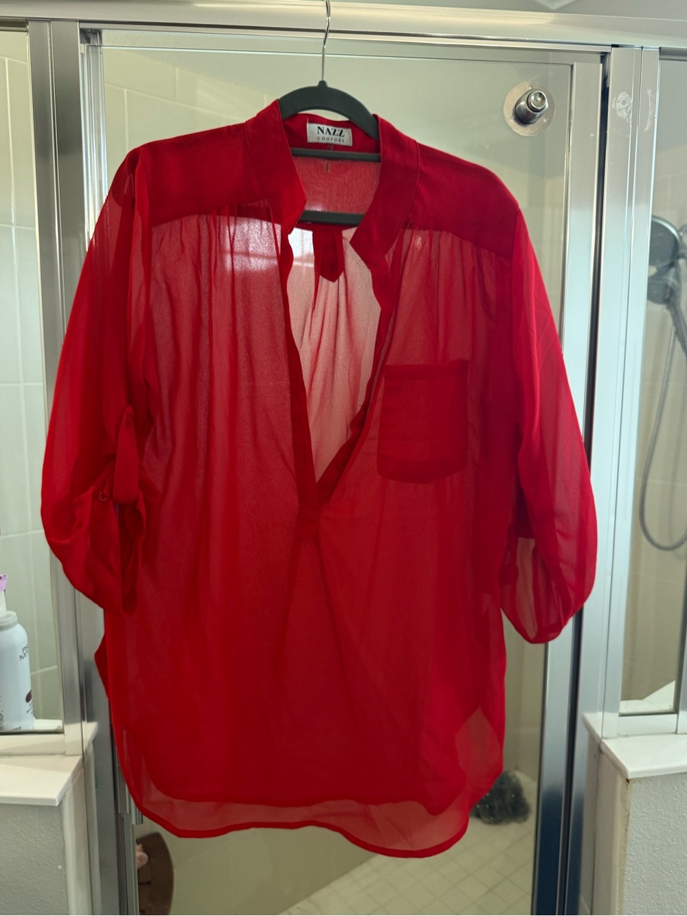 NA-ZE Red Sheer V-Neck Blouse
